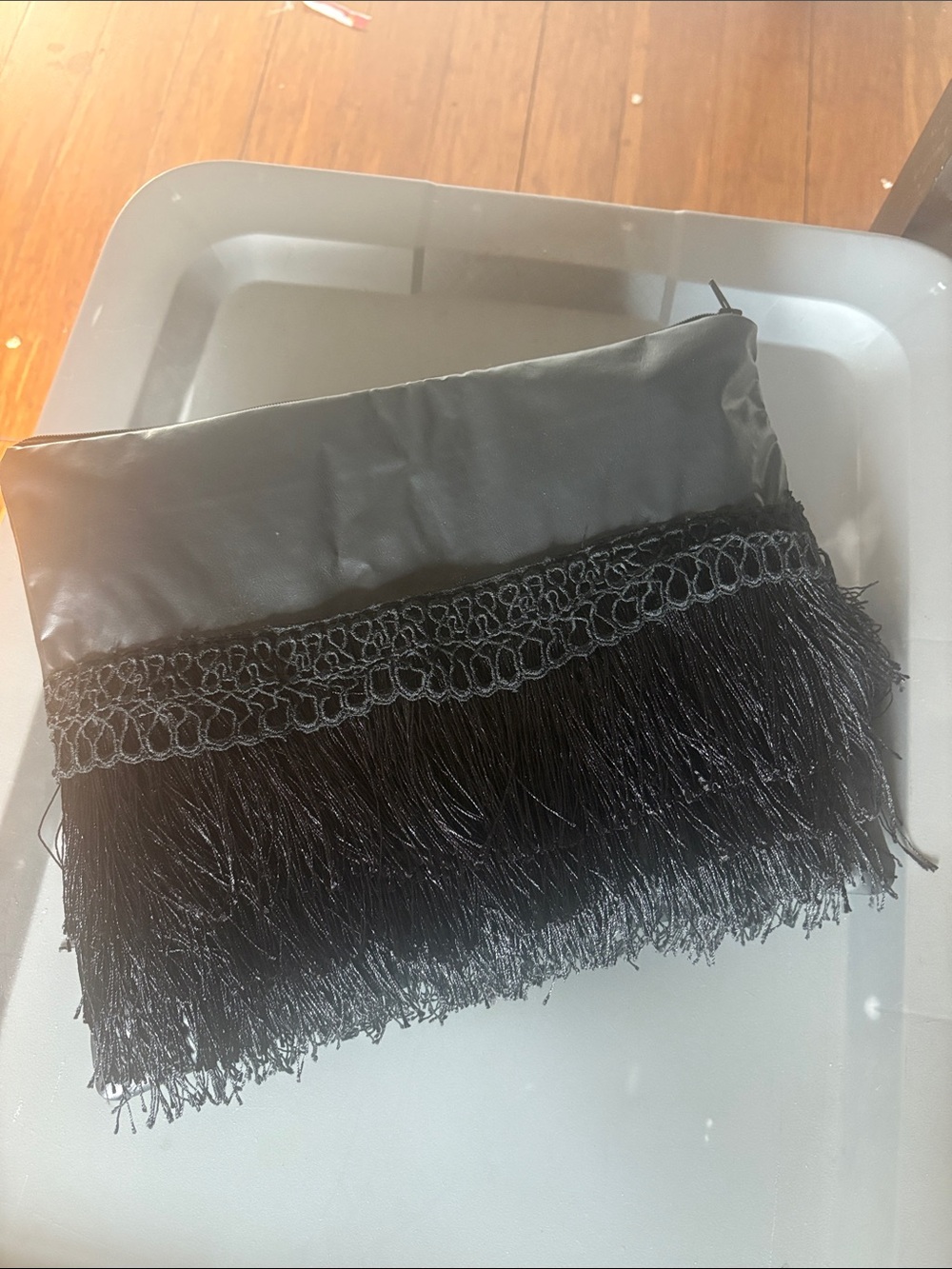 Black Fringe Satin Wristlet Clutch